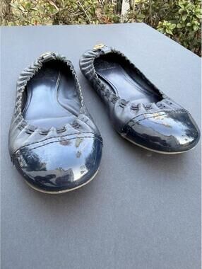 Sz 8 M Tory Burch Abbey Black Leather/ Patent Cap Toe Comfort Ballet Flats
